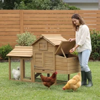 PawHut 59" Small Wooden Chicken coop Hen House Poultry Cage for Outdoor Backyard with 2 Doors, Nesting Box and Removable Tray, Natural Wood(m-3)