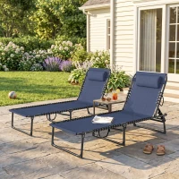 Outsunny 2 Folding Chaise Lounge Pool Chairs with 4-Position Reclining Back, Pillow, Breathable Mesh & Bungee Seat, Dark Blue(m-9)