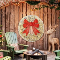 HOMCOM 36in Flocked Pre-Lit Christmas Wreath with 3D Red Bow, 11 Lighting Modes, Front Door Christmas Wreath with Remote(m-10)