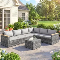 Outsunny 7 Piece Patio Furniture Set, L-Shaped Wicker Outdoor Sectional Sofa with Faux Wood Coffee Table, Cushions, Light Grey(m-1)