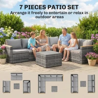 Outsunny 7 Piece Patio Furniture Set, L-Shaped Wicker Outdoor Sectional Sofa with Faux Wood Coffee Table, Cushions, Light Grey(m-10)