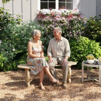 Outsunny 2-Person Outdoor Bench, Wood Garden Bench with Wagon Wheel Legs, Slatted Seat for Patio, Park, Backyard, Natural Wood(m-9)