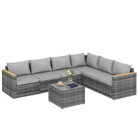 Outsunny 7 Piece Patio Furniture Set, L-Shaped Wicker Outdoor Sectional Sofa with Faux Wood Coffee Table, Cushions, Light Grey(m-11)