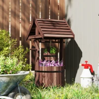 Outsunny Wood Wishing Well Outdoor Wooden Planter with Hanging Bucket and Drainage Hole for Garden, Patio, Backyard, Tan(m-8)