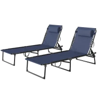 Outsunny 2 Folding Chaise Lounge Pool Chairs with 4-Position Reclining Back, Pillow, Breathable Mesh & Bungee Seat, Dark Blue(m-1)