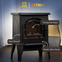 HOMCOM 18" Electric Fireplace Stove, Freestanding Fireplace Heater with Realistic LED Flame, Adjustable Temperature, Overheat Protection, 750W/1500W, Black(m-8)