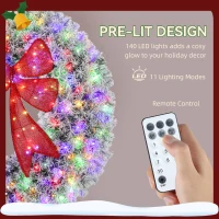HOMCOM 36in Flocked Pre-Lit Christmas Wreath with 3D Red Bow, 11 Lighting Modes, Front Door Christmas Wreath with Remote(m-5)