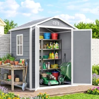 Outsunny 6x4.5FT Plastic Shed, Lockable Garden Tool Storage House with Double Doors and Vent, Grey(m-1)