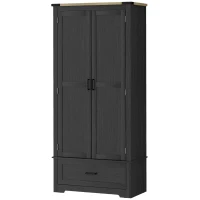 HOMCOM 69" Tall Farmhouse Kitchen Pantry Cabinet with 2 Doors, Drawer and Adjustable Shelves, Black and Brown(m-2)