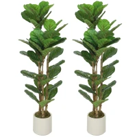 HOMCOM 4FT Artificial Fiddle Leaf Fig Tree Set of 2, Fake Potted Tree with Solid Wood Trunks for Indoor Decor, Green(m-2)