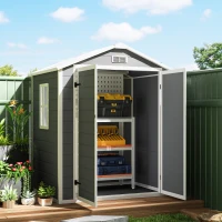 Outsunny 6x4.5FT Plastic Shed, Lockable Garden Tool Storage House with Double Doors and Vent, Grey(m-10)
