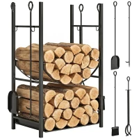 Outsunny Firewood Rack with Fireplace Tools, Indoor Outdoor Firewood Holder, Flat Bottom with 2 Tiers for Fireplace, Wood Stove, Hearth or Fire Pit, Black(m-1)