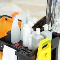 HOMCOM Janitorial Cart with 3 Shelves, Cleaning Cart on Wheels with Rubbish Bag and Mop Holders for Hotel, Housekeeping, Black(m-10)