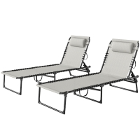 Outsunny 2 Folding Chaise Lounge Pool Chairs with 4-Position Reclining Back, Pillow, Breathable Mesh & Bungee Seat, Dark Blue