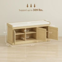 HOMCOM Shoe Storage Bench with Woven Rattan Doors, Shoe Bench with Cushion, Adjustable Shelves, Entryway Bench, Oak Tone(m-3)