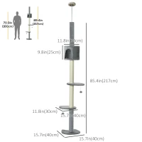 PawHut 4-Tier Floor to Ceiling Cat Tree, Tall Cat Tower with Scratching Post, Plush Padding, Toy Ball, Cat Condo for Indoor Cats, Light Grey(m-3)