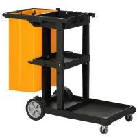 HOMCOM Janitorial Cart with 3 Shelves, Cleaning Cart on Wheels with Rubbish Bag and Mop Holders for Hotel, Housekeeping, Black(m-11)