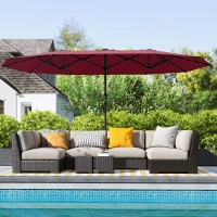 Outsunny Garden Parasol, Double-Sided Sun Umbrella with LED Solar Lights, Patio Parasol for Outdoor, Wine Red(m-9)