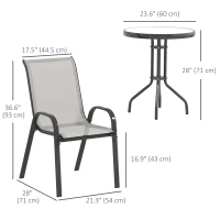 Outsunny 3 Pieces Bistro Set, Small Patio Furniture Set with Stackable Mesh Chairs, Glass Table for Garden, Balcony, Light Grey(m-3)