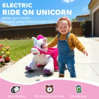 Qaba 12V Unicorn Ride on Horse with Carrot Toy, Comb, Animal Sounds, for Girls Boys Aged 1.5-3 Years Old(m-4)