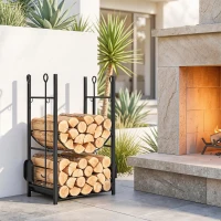 Outsunny Firewood Rack with Fireplace Tools, Indoor Outdoor Firewood Holder, Flat Bottom with 2 Tiers for Fireplace, Wood Stove, Hearth or Fire Pit, Black(m-10)