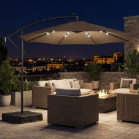 Outsunny 10 ft Cantilever Patio Umbrella with Light, Weight, Offset Hanging Outdoor Umbrella with Protective Cover, Tan(m-10)