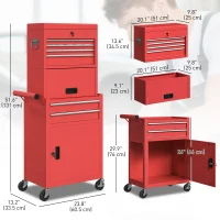 HOMCOM Large Tool Cabinet, 3-in-1 Rolling Tool Chest, Detachable Tool Storage Organizer with 6 Drawers and Pegboard, Red(m-3)