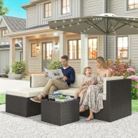 Outsunny 3 Piece Patio Furniture Set, Wicker Outdoor Patio Conversation Furniture Set with Cushions, Glass Top Table, Beige(m-2)