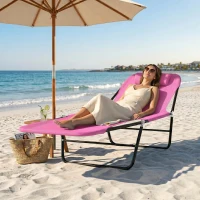 Outsunny Outdoor Lounge Chair, Portable Reclining Seat, Folding Chaise Lounge, Tanning Chair Bed with Pillow, Pink(m-10)