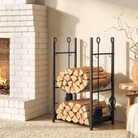 Outsunny Firewood Rack with Fireplace Tools, Indoor Outdoor Firewood Holder, Flat Bottom with 2 Tiers for Fireplace, Wood Stove, Hearth or Fire Pit, Black(m-2)