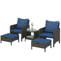 Outsunny 5 Piece Patio Furniture Set, Wicker Outdoor Furniture Set, 23.6" Seat, Ottomans, Glass Table, Cushions, Navy Blue(m-1)