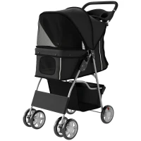 PawHut Pet Stroller with Reflective Strips, Foldable Cat Stroller with 360° Swivel Wheels for Small Dogs and Cats, Black(m-2)