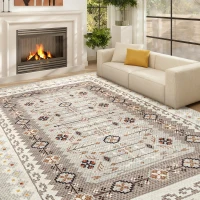 HOMCOM Machine Washable Area Rug 4x6, Non-Slip Boho Flannel Print Floor Carpet for Living Room, Bedroom, Dining Room, Brown(m-10)