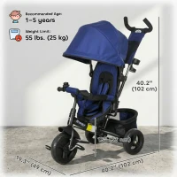 Qaba 6 in 1 Tricycle for Toddler 1-5 Years with Parent-Push Handle, Dark Blue(m-3)