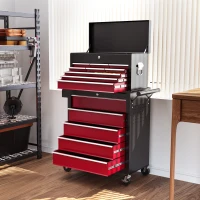 HOMCOM 14 Drawer Rolling Tool Chest, Lockable Tool Storage Cabinet with Detachable Top Toolbox, Protective Liner, Red(m-9)