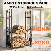 Outsunny Firewood Rack with Fireplace Tools, Indoor Outdoor Firewood Holder, Flat Bottom with 2 Tiers for Fireplace, Wood Stove, Hearth or Fire Pit, Black(m-4)