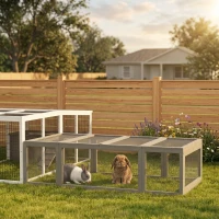 PawHut Large Wooden Rabbit Hutch Small Animal Habitat Enclosure Outdoor Run and Lockable Doors - Gray(m-10)