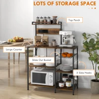 HOMCOM Kitchen Bakers Rack with Charge Station, Industrial Microwave Stand with Adjustable Shelf, 5 Hooks, Wire Basket(m-6)