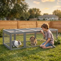 PawHut Large Wooden Rabbit Hutch Small Animal Habitat Enclosure Outdoor Run and Lockable Doors - Gray(m-2)