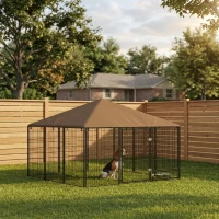 PawHut 6.9' x 6.9' x 5' Outdoor Dog Kennel with Canopy Garden Playpen Fence Crate Enclosure Cage Rotating Bowl, Coffee(m-10)