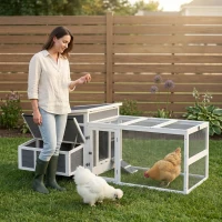 PawHut Wooden Chicken Coop with Nesting Box, Pull Out Tray, Run, Perches, Ramp, Windows for 6 Chickens, Dark Gray(m-3)