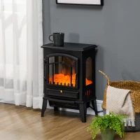 HOMCOM Electric Fireplace Heater Freestanding Fireplace Stove with 3-Side Realistic Flame Overheat Protection 750W/1500W, Black(m-2)