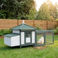 PawHut 77" Wooden Chicken Coop Hen House Poultry Cage with Weatherproof Roof, Nesting Box, Enclosed Run and Removable Tray for Outdoor Backyard, Green(m-2)