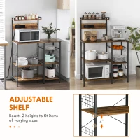 HOMCOM Kitchen Bakers Rack with Charge Station, Industrial Microwave Stand with Adjustable Shelf, 5 Hooks, Wire Basket(m-5)
