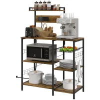 HOMCOM Kitchen Bakers Rack with Charge Station, Industrial Microwave Stand with Adjustable Shelf, 5 Hooks, Wire Basket(m-1)