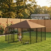 PawHut 6.9' x 6.9' x 5' Outdoor Dog Kennel with Canopy Garden Playpen Fence Crate Enclosure Cage Rotating Bowl, Coffee(m-2)