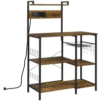 HOMCOM Kitchen Bakers Rack with Charge Station, Industrial Microwave Stand with Adjustable Shelf, 5 Hooks, Wire Basket(m-11)