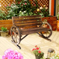 Outsunny 41" Wooden Wagon Wheel Bench, Rustic Outdoor Patio Bench Weather Resistance Furniture, 2-Person Slatted Seat with Backrest, Carbonized(m-8)