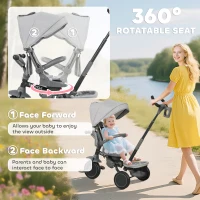 Qaba 6 in 1 Kids Tricycle with Adjustable Push Handle, Removable Canopy, Reversible Seat, for 1-5 Years, Gray(m-5)