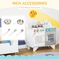Qaba Wooden Pretend Play Kitchen with Sink, Clock, and Stove for Kids with Real Stainless Steel, Children Cooking Playset for 3-6 Years Old(m-5)